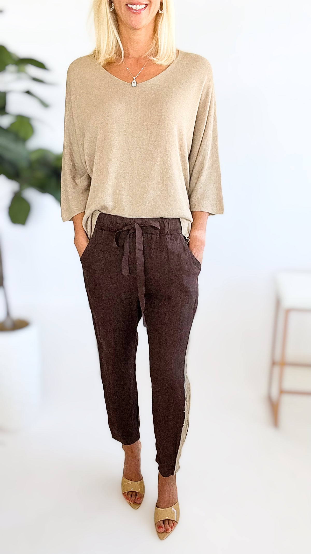Gold Sequin Linen Drawstring Italian Pant - Chocolate Brown-100 Pants-V6-Coastal Bloom Boutique, find the trendiest versions of the popular styles and looks Located in Indialantic, FL