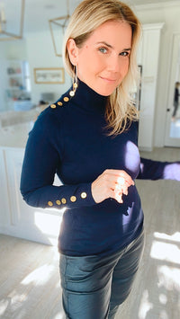 Ribbed Turtle Neck Long Sleeve Top w/ Embellished Shoulder- Navy-130 Long Sleeve Tops-CIELO-Coastal Bloom Boutique, find the trendiest versions of the popular styles and looks Located in Indialantic, FL