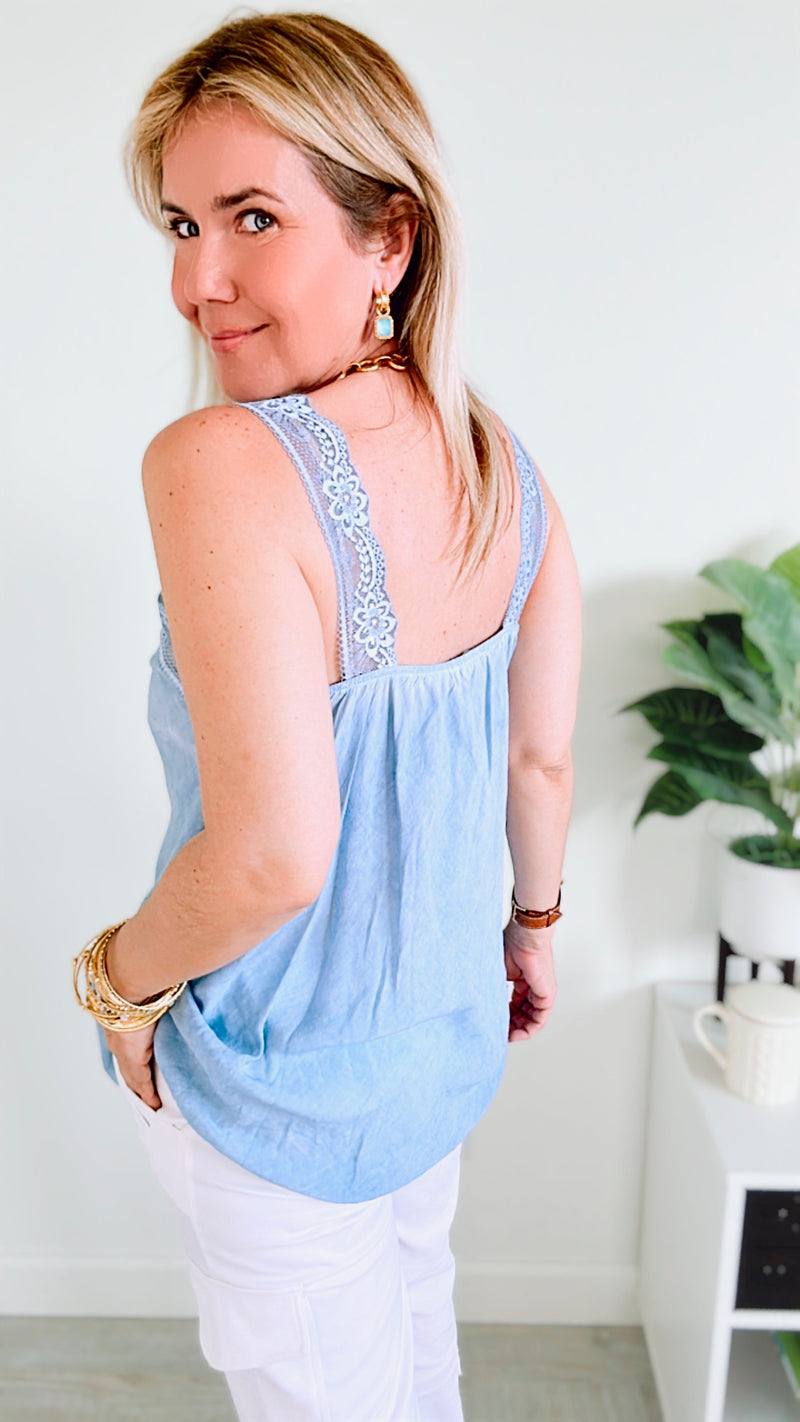 Italian Elegant Lace Trim Cami - Dusty Blue-100 Sleeveless Tops-Italianissimo-Coastal Bloom Boutique, find the trendiest versions of the popular styles and looks Located in Indialantic, FL