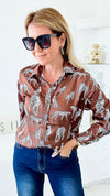 Wild Printed Button Down Blouse - Mocha-130 Long Sleeve Tops-MAZIK-Coastal Bloom Boutique, find the trendiest versions of the popular styles and looks Located in Indialantic, FL