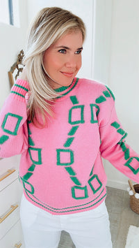 Varsity Crew Neck Sweater - Pink-130 Long Sleeve Tops-Fancy Dream-Coastal Bloom Boutique, find the trendiest versions of the popular styles and looks Located in Indialantic, FL