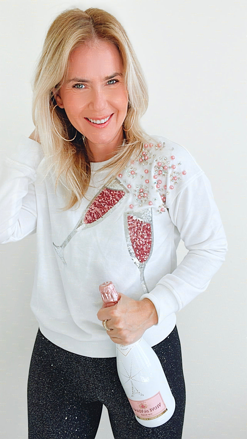 Sequin Champagne Sweatshirt - White-130 Long Sleeve Tops-Why Dress-Coastal Bloom Boutique, find the trendiest versions of the popular styles and looks Located in Indialantic, FL