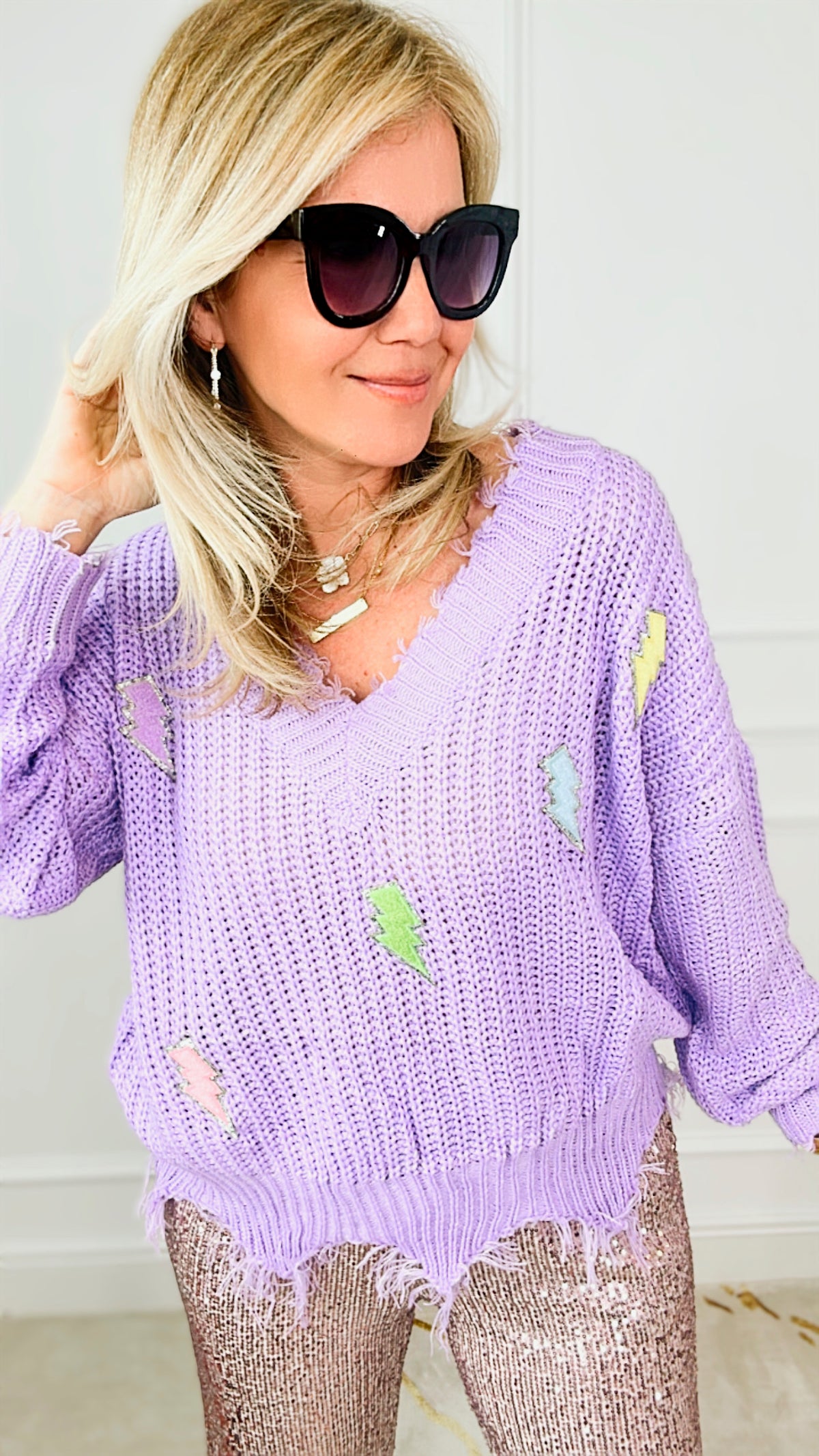Thunder Patch Frayed Sweater - Lilac-140 Sweaters-Main Strip-Coastal Bloom Boutique, find the trendiest versions of the popular styles and looks Located in Indialantic, FL