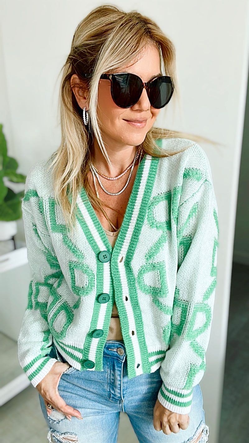 Varsity D Cardigan - White/Green-150 Cardigans/Layers-Ethan & Joy-Coastal Bloom Boutique, find the trendiest versions of the popular styles and looks Located in Indialantic, FL