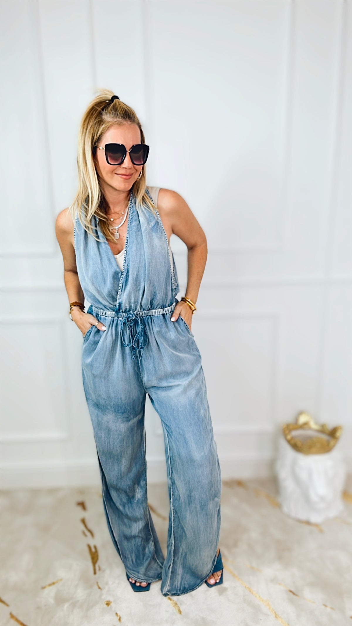 Chambray Slit Denim Jumpsuit-200 Dresses/Jumpsuits/Rompers-MAZIK-Coastal Bloom Boutique, find the trendiest versions of the popular styles and looks Located in Indialantic, FL