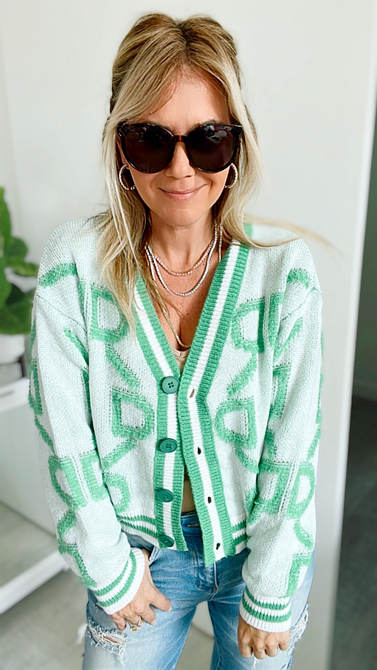 Varsity D Cardigan - White/Green-150 Cardigans/Layers-Ethan & Joy-Coastal Bloom Boutique, find the trendiest versions of the popular styles and looks Located in Indialantic, FL