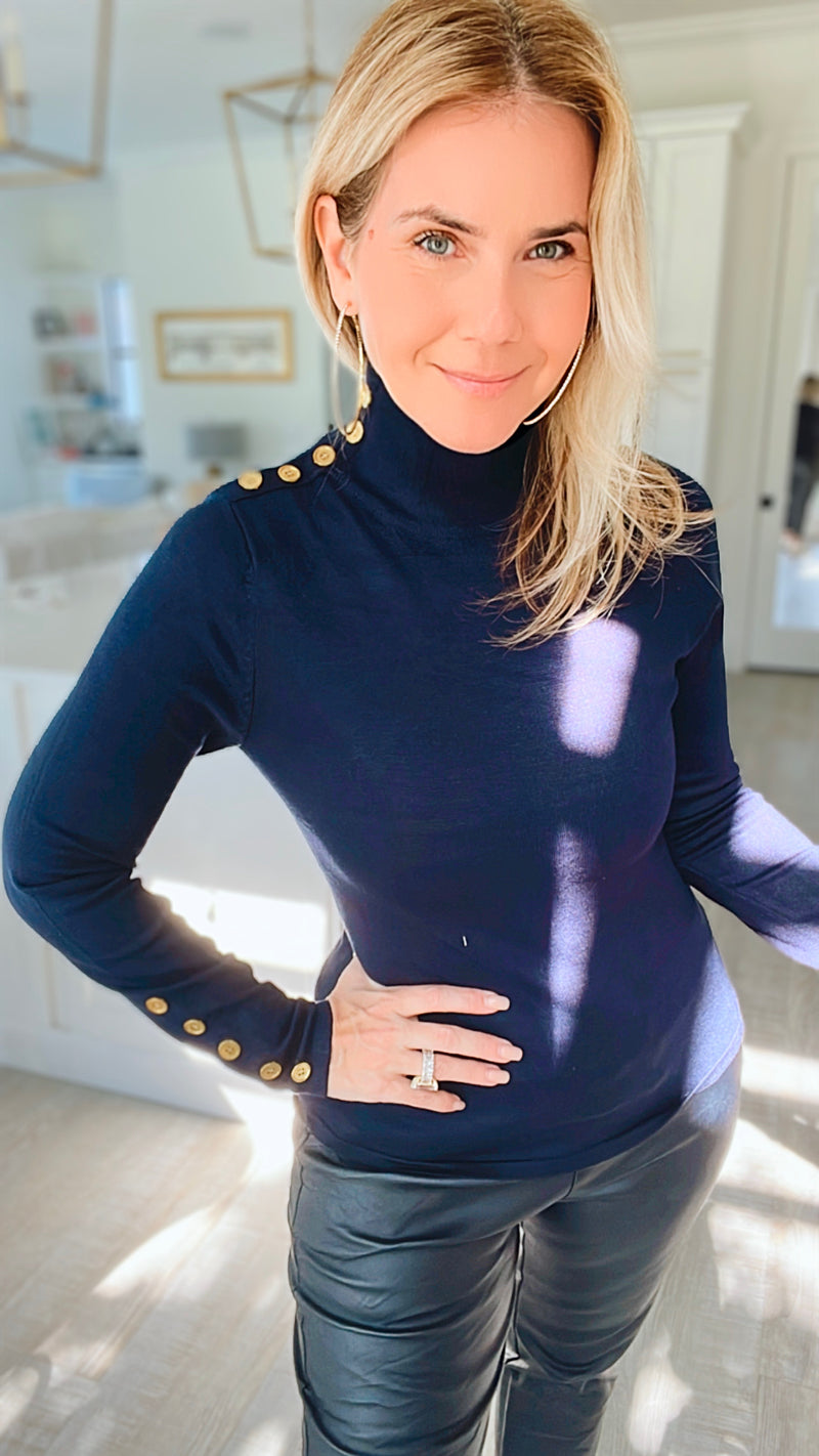 Ribbed Turtle Neck Long Sleeve Top w/ Embellished Shoulder- Navy-130 Long Sleeve Tops-CIELO-Coastal Bloom Boutique, find the trendiest versions of the popular styles and looks Located in Indialantic, FL