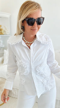 Ruffled Embroidery & Pearls Button Down Top-130 Long Sleeve Tops-JJ'S FAIRYLAND-Coastal Bloom Boutique, find the trendiest versions of the popular styles and looks Located in Indialantic, FL