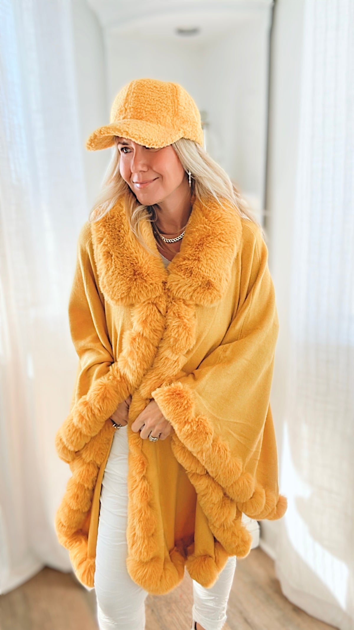 Faux Fur Trim Poncho-Mustard-150 Cardigans/Layers-Wona Trading-Coastal Bloom Boutique, find the trendiest versions of the popular styles and looks Located in Indialantic, FL
