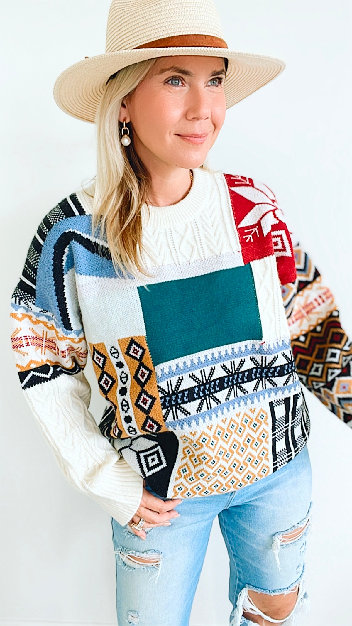 Patchwork Nordic Crewneck Sweater-POL-Coastal Bloom Boutique, find the trendiest versions of the popular styles and looks Located in Indialantic, FL