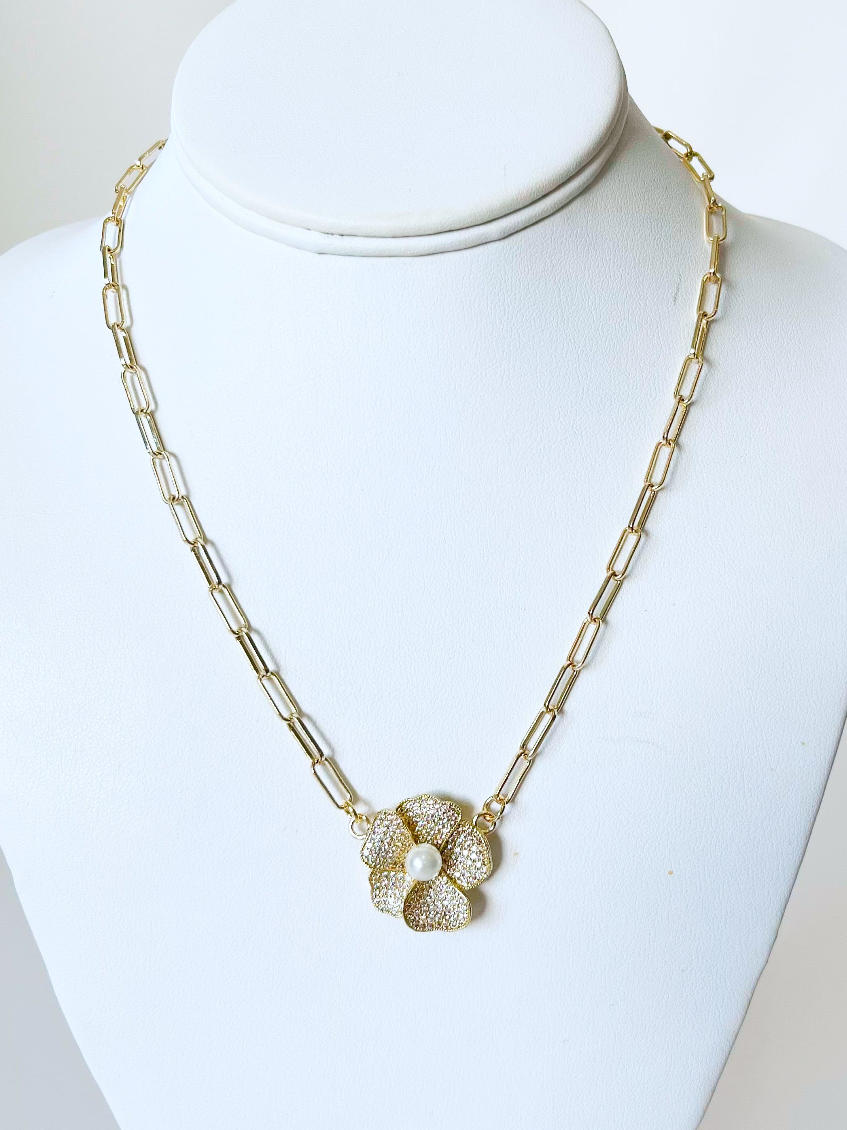 Micropave Pearl Rose Paperclip Necklace-230 Jewelry-Italian Ice/Wona-Coastal Bloom Boutique, find the trendiest versions of the popular styles and looks Located in Indialantic, FL