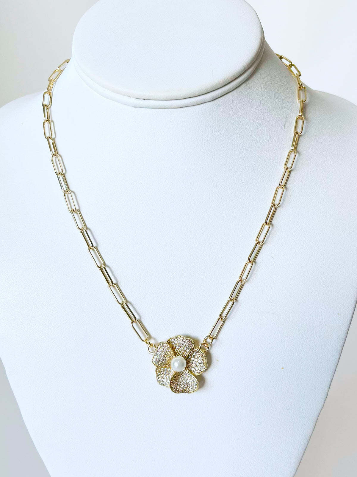 Micropave Pearl Rose Paperclip Necklace-230 Jewelry-NYW-Coastal Bloom Boutique, find the trendiest versions of the popular styles and looks Located in Indialantic, FL