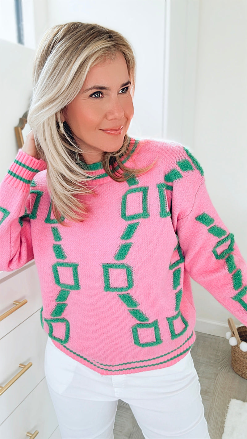Varsity Crew Neck Sweater - Pink-130 Long Sleeve Tops-Fancy Dream-Coastal Bloom Boutique, find the trendiest versions of the popular styles and looks Located in Indialantic, FL