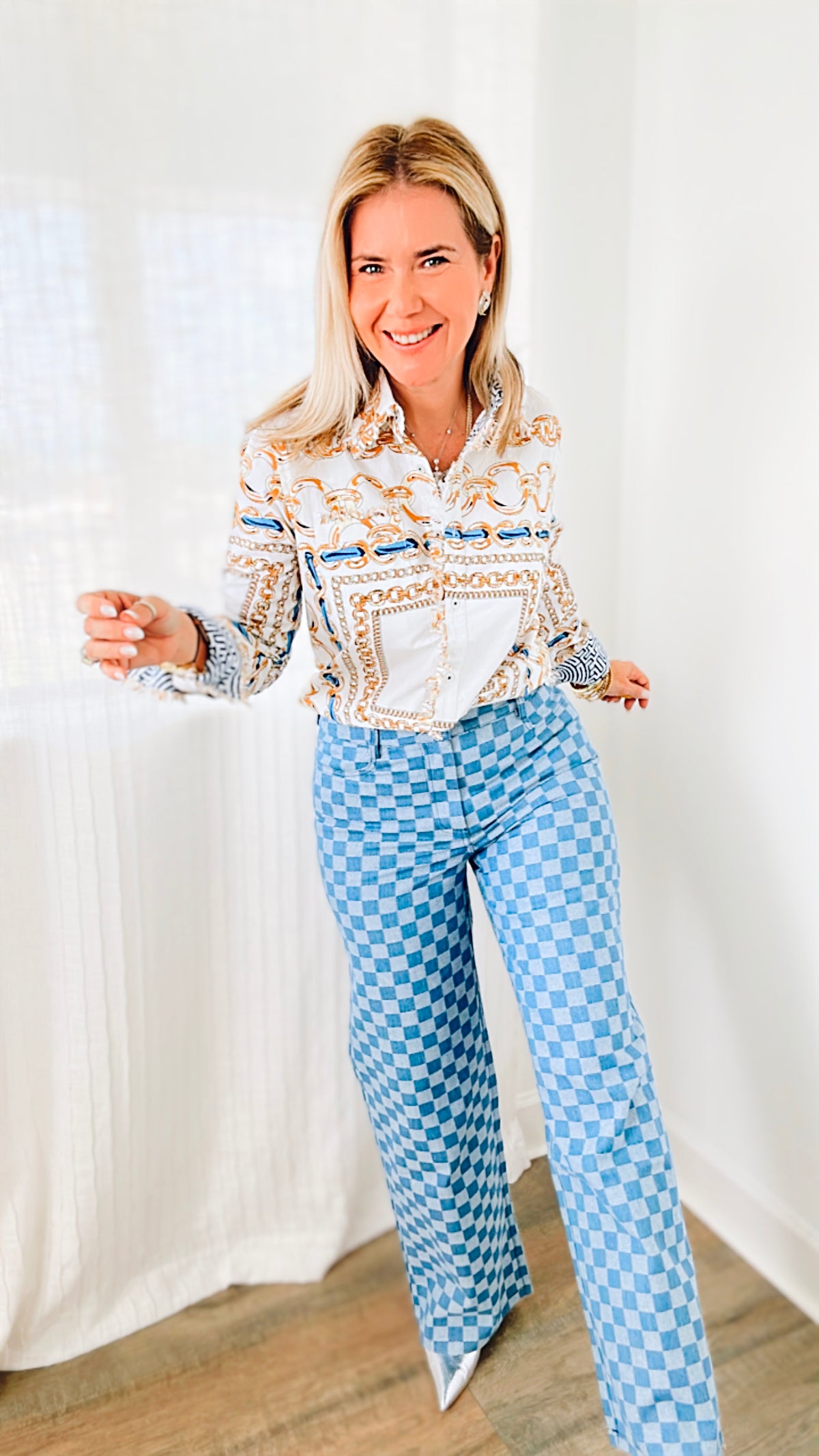 Checkered Denim Pants - Blue-170 Bottoms-RagCompany-Coastal Bloom Boutique, find the trendiest versions of the popular styles and looks Located in Indialantic, FL