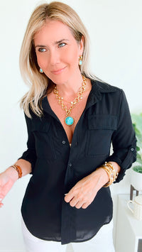 Relaxed Button Down Top - Black-130 Long Sleeve Tops-Love Tree Fashion-Coastal Bloom Boutique, find the trendiest versions of the popular styles and looks Located in Indialantic, FL