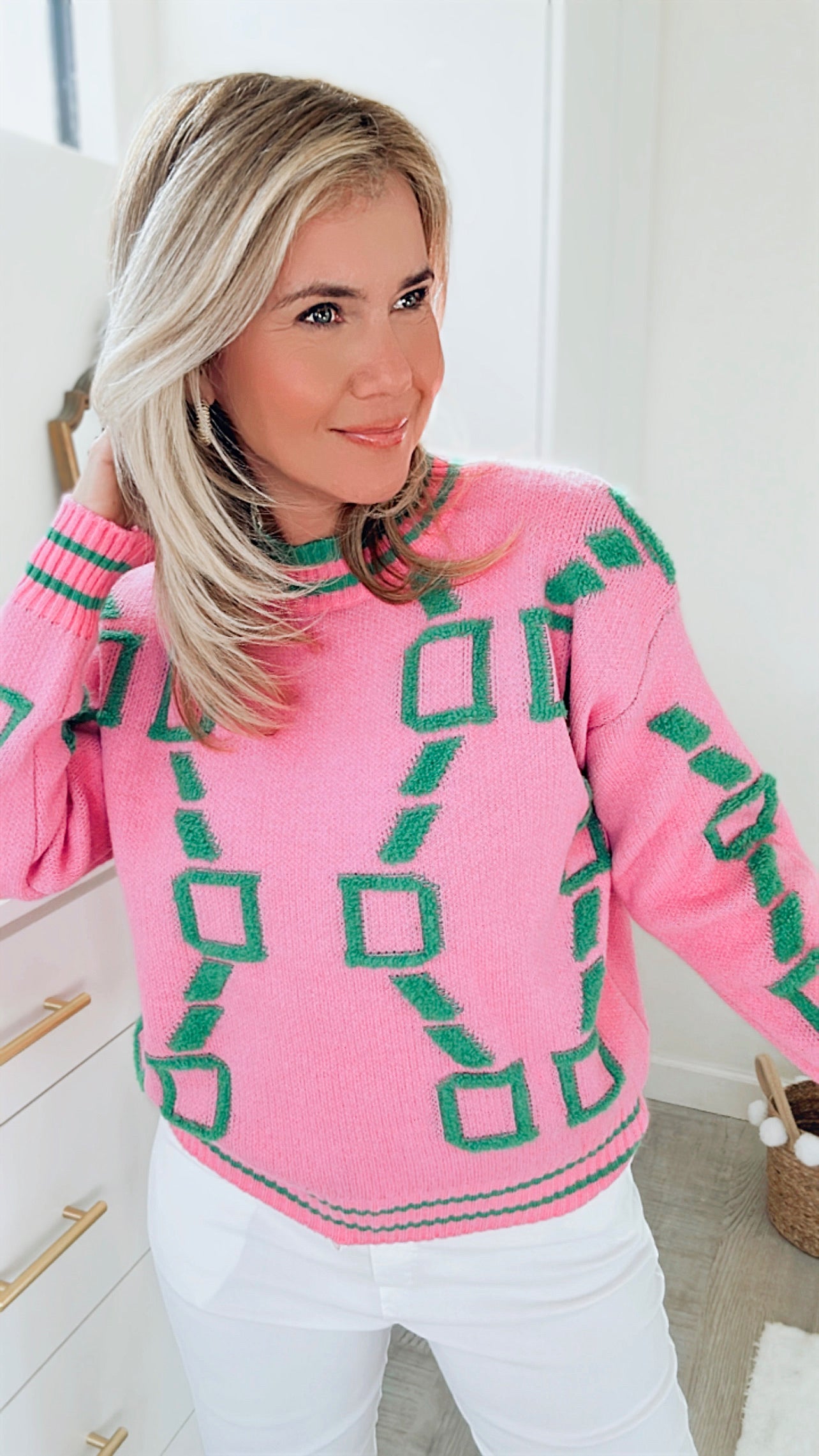 Varsity Crew Neck Sweater - Pink-130 Long Sleeve Tops-Fancy Dream-Coastal Bloom Boutique, find the trendiest versions of the popular styles and looks Located in Indialantic, FL