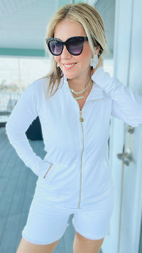 Pleated Collar Full Zip Jacket - White-160 Jackets-ARYEH-Coastal Bloom Boutique, find the trendiest versions of the popular styles and looks Located in Indialantic, FL