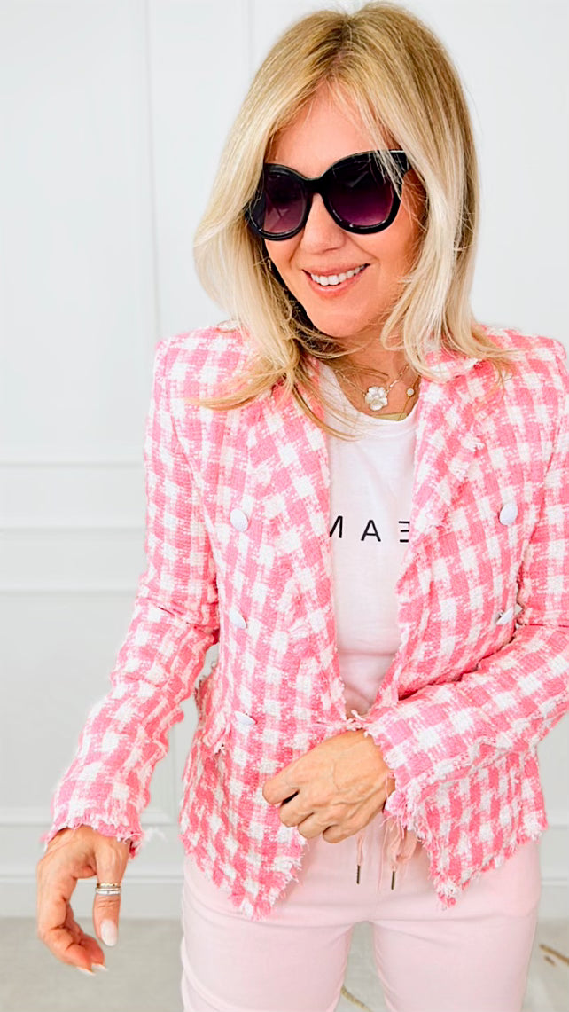 Frayed Edge Plaid Tweed Blazer - Pink-160 Jackets-Main Strip-Coastal Bloom Boutique, find the trendiest versions of the popular styles and looks Located in Indialantic, FL