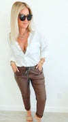 City Lights Faux Leather Italian Jogger - Brown-180 Joggers-Italianissimo/ SEE YOU IN ROME-Coastal Bloom Boutique, find the trendiest versions of the popular styles and looks Located in Indialantic, FL