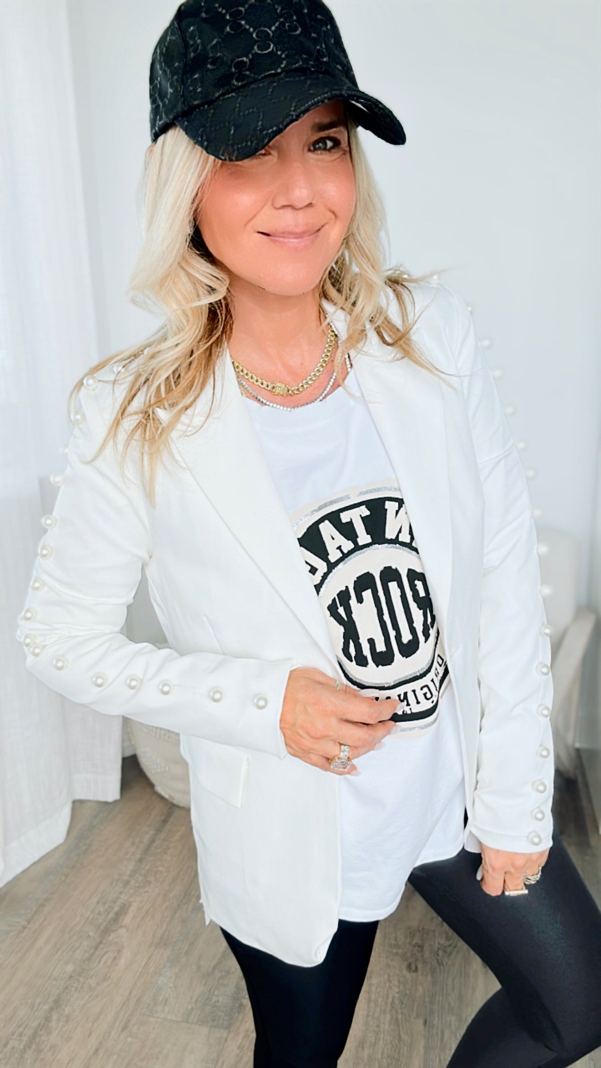 Pearl Lined Blazer - White-150 Cardigans/Layers-Why Dress-Coastal Bloom Boutique, find the trendiest versions of the popular styles and looks Located in Indialantic, FL