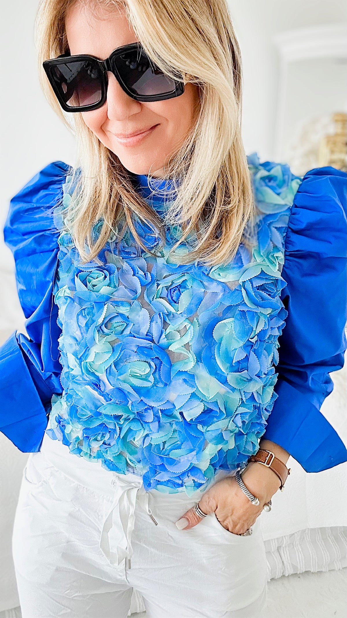 Violets are Blue Flower Zip Top-130 Long Sleeve Tops-JJ'S FAIRYLAND-Coastal Bloom Boutique, find the trendiest versions of the popular styles and looks Located in Indialantic, FL