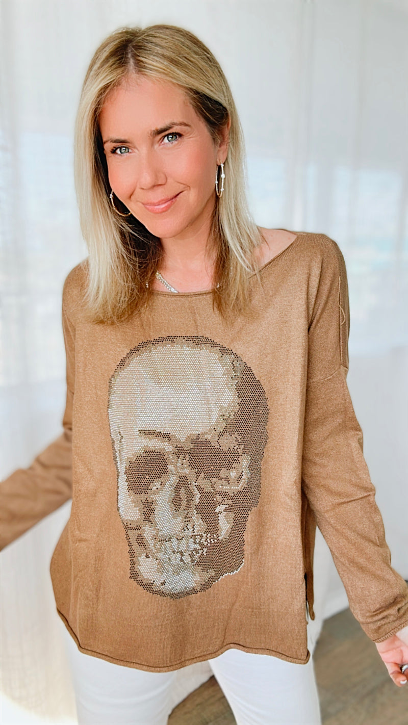 Italian Boatneck Skull Sweater Top - Camel-140 Sweaters-Venti6-Coastal Bloom Boutique, find the trendiest versions of the popular styles and looks Located in Indialantic, FL