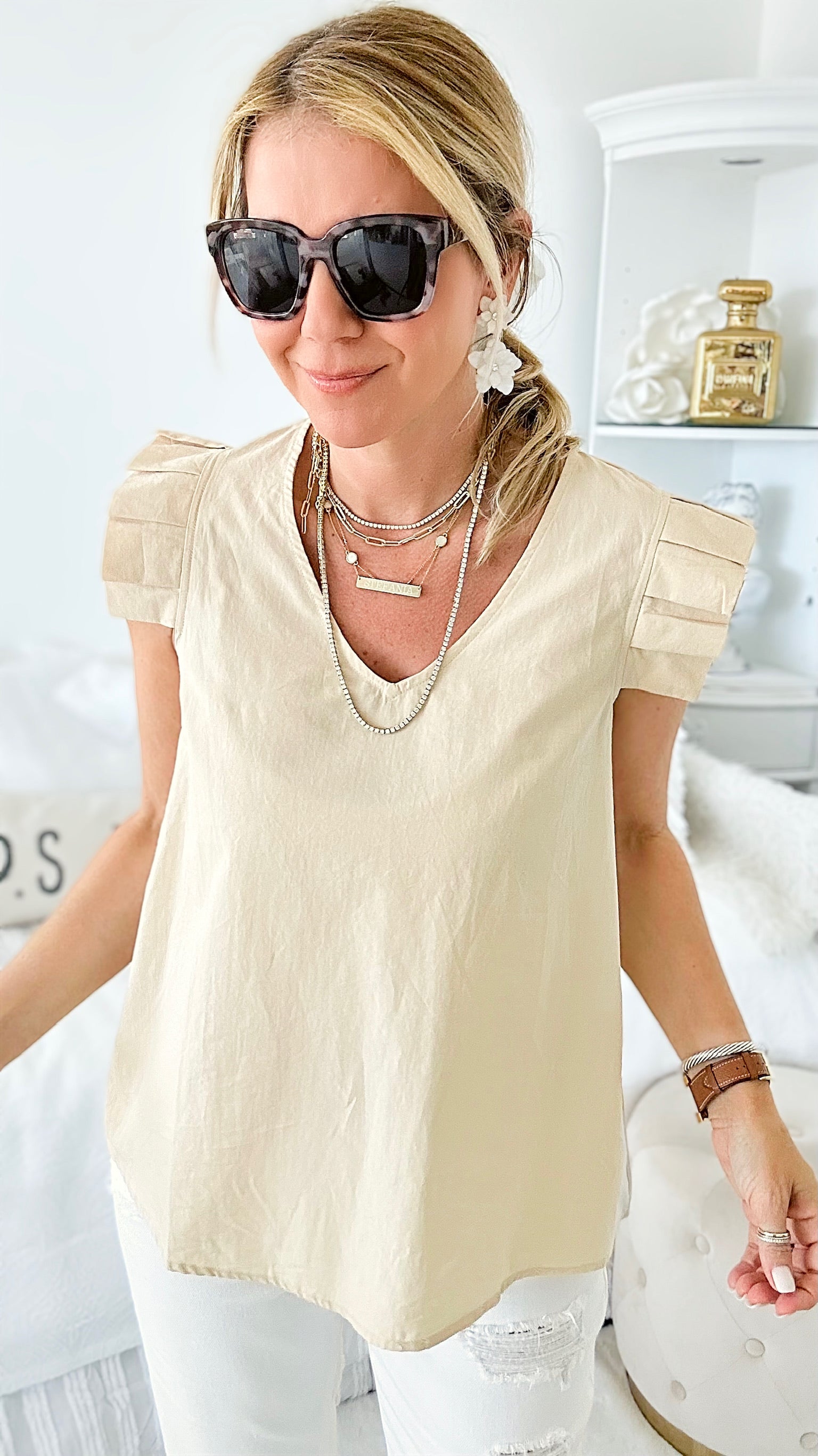 Pleated Shoulder Sleeveless Blouse - Latte-100 Sleeveless Tops-MAZIK-Coastal Bloom Boutique, find the trendiest versions of the popular styles and looks Located in Indialantic, FL