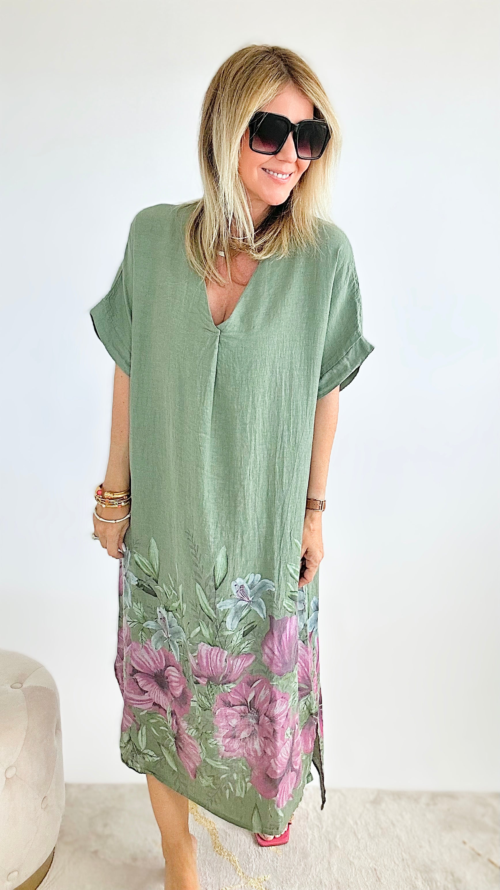 Market Floral Linen Tunic Italian Dress - Sage-200 Dresses/Jumpsuits/Rompers-Yolly-Coastal Bloom Boutique, find the trendiest versions of the popular styles and looks Located in Indialantic, FL