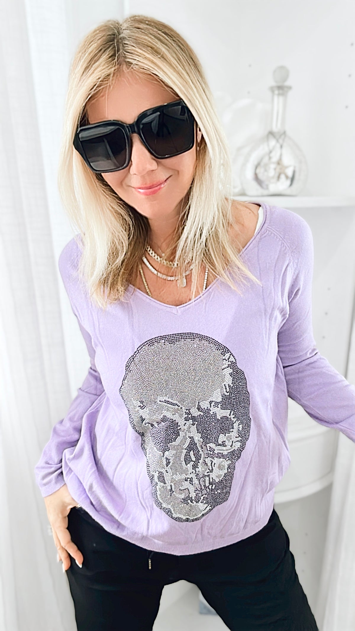 Rhinestone V-Neck Skull Italian Sweater - Lilac-140 Sweaters-Venti6 Outlet-Coastal Bloom Boutique, find the trendiest versions of the popular styles and looks Located in Indialantic, FL