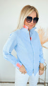 Oxford Ribbon Top - Blue Pink Yellow-130 Long Sleeve Tops-Pearly Vine-Coastal Bloom Boutique, find the trendiest versions of the popular styles and looks Located in Indialantic, FL