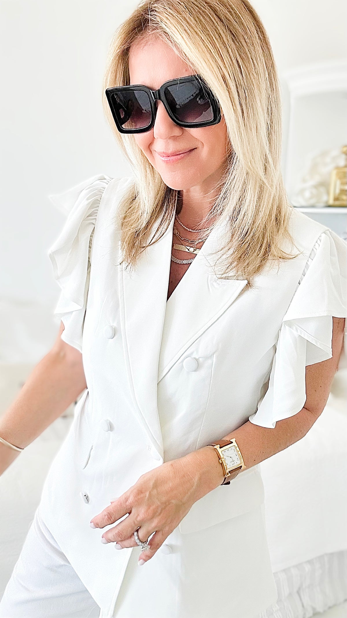 Ruffle Sleeve Blazer - Off White-160 Jackets-MAZIK-Coastal Bloom Boutique, find the trendiest versions of the popular styles and looks Located in Indialantic, FL