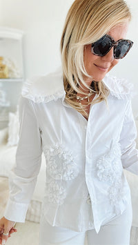 Ruffled Embroidery & Pearls Button Down Top-130 Long Sleeve Tops-JJ'S FAIRYLAND-Coastal Bloom Boutique, find the trendiest versions of the popular styles and looks Located in Indialantic, FL