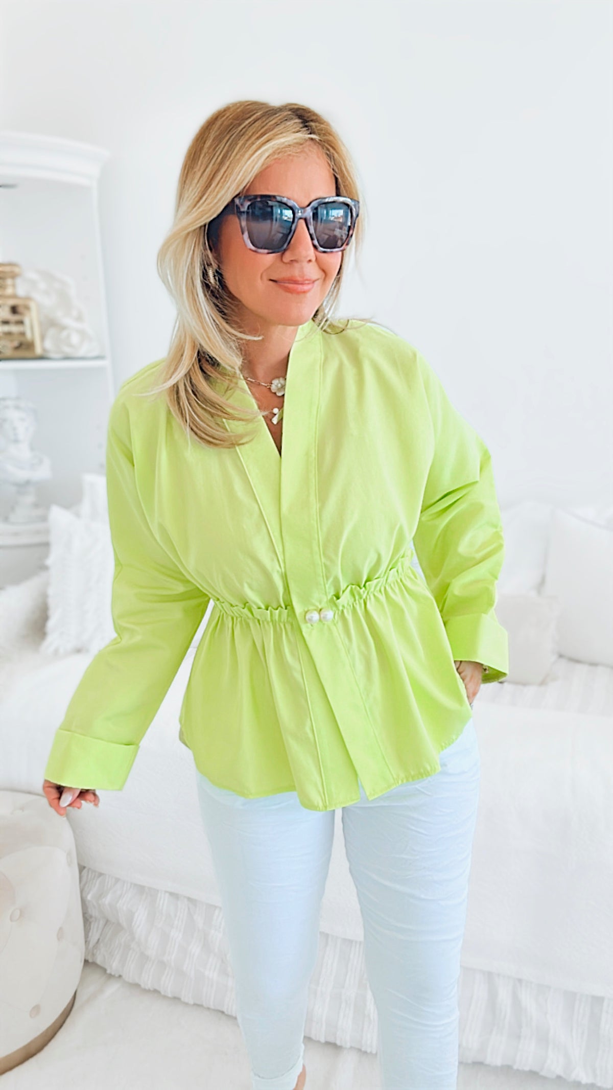 Pearl Elastic Waist Neon Blouse-160 Jackets-TOUCHE PRIVE-Coastal Bloom Boutique, find the trendiest versions of the popular styles and looks Located in Indialantic, FL