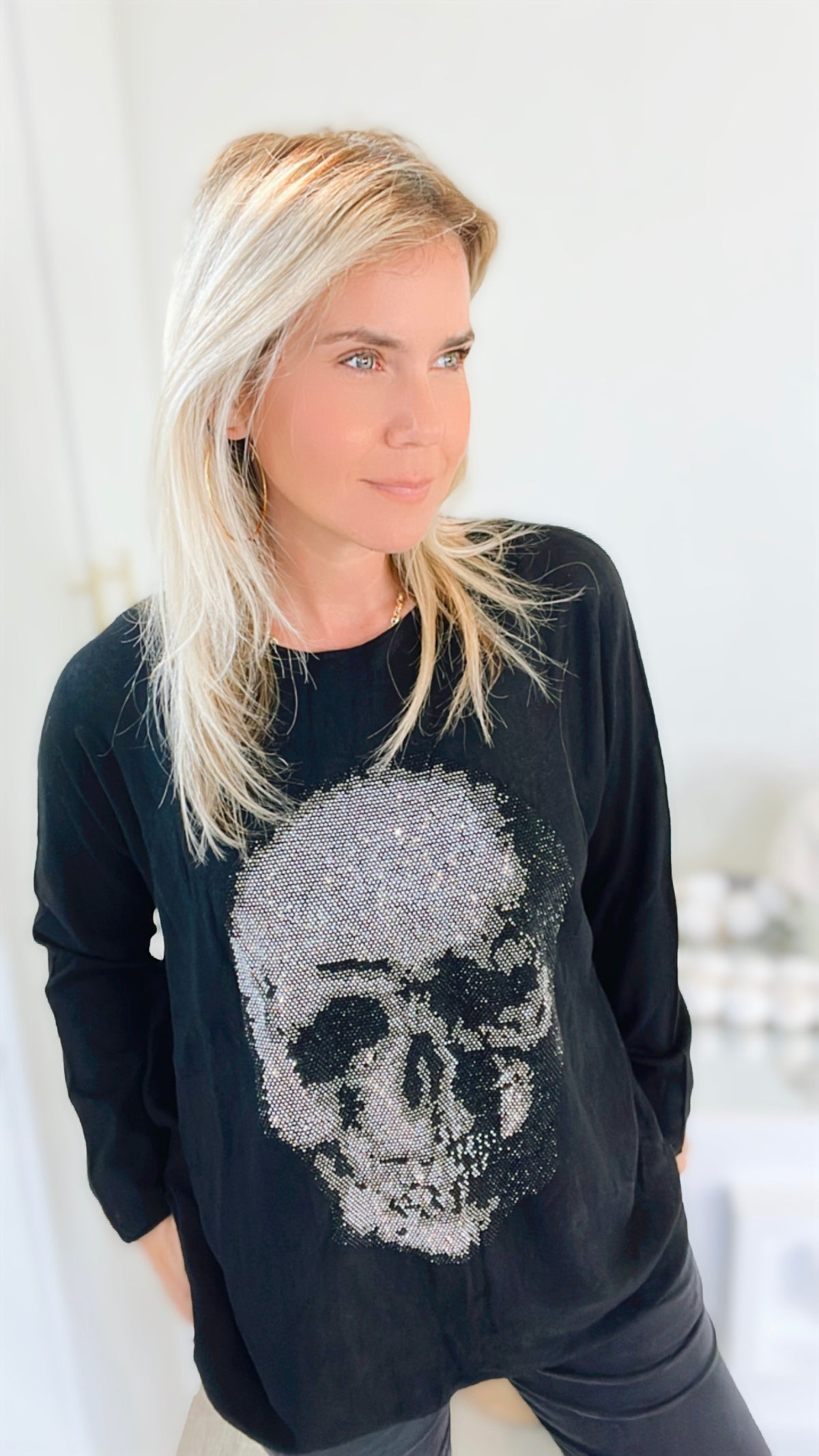 Italian Boatneck Skull Sweater Top - Black-140 Sweaters-Venti6-Coastal Bloom Boutique, find the trendiest versions of the popular styles and looks Located in Indialantic, FL