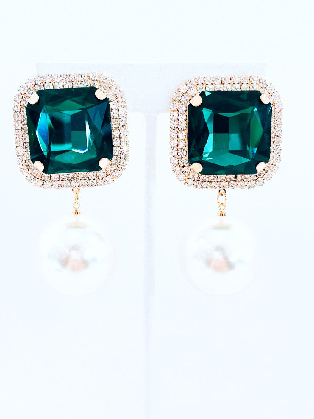 Stone & Pearl Clip Earrings - Emerald-230 Jewelry-Wona Trading-Coastal Bloom Boutique, find the trendiest versions of the popular styles and looks Located in Indialantic, FL
