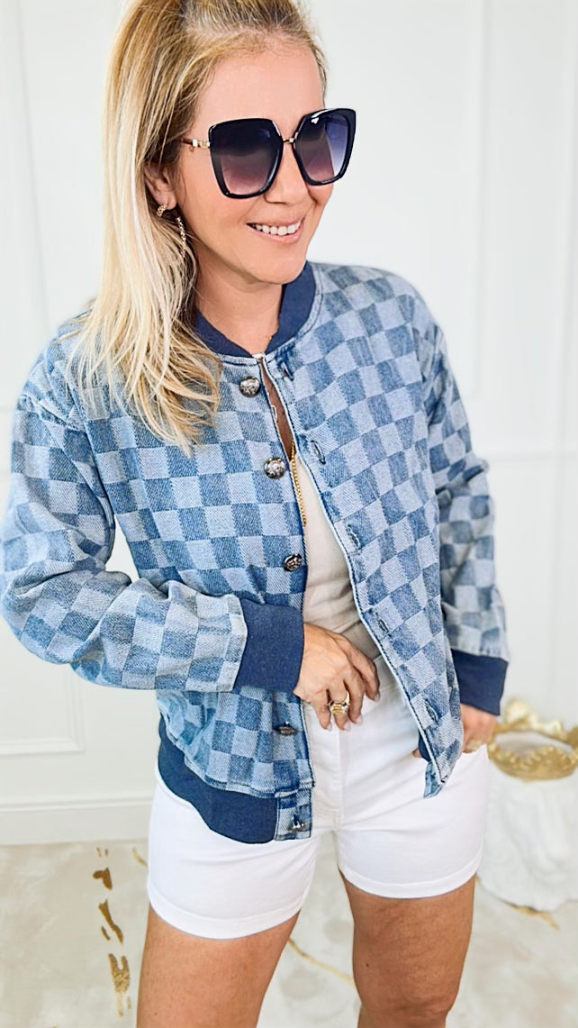 Checkered Denim Jacket-160 Jackets-MAZIK-Coastal Bloom Boutique, find the trendiest versions of the popular styles and looks Located in Indialantic, FL
