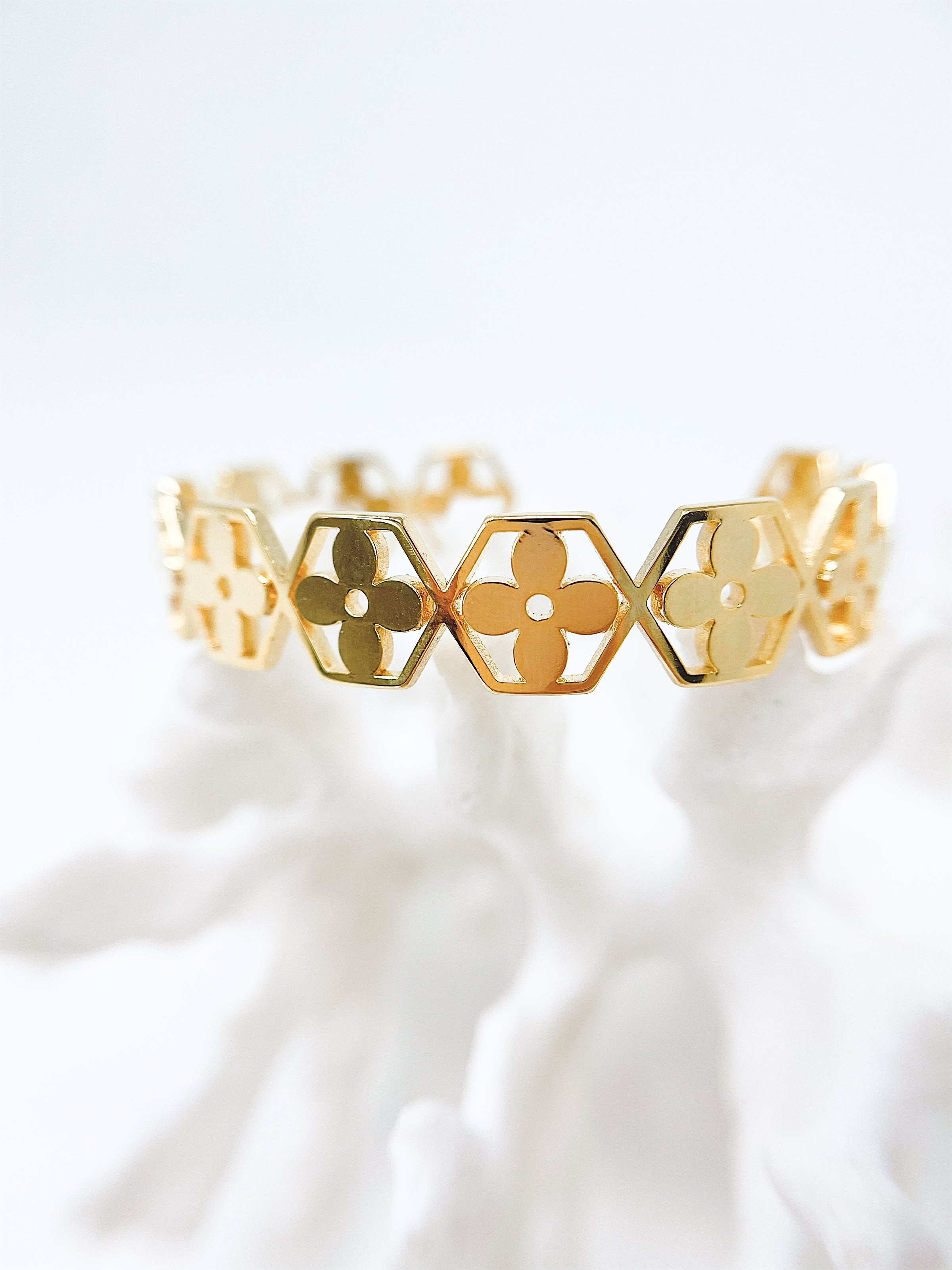 Hexagon Flower Cuff Bracelet - Gold-230 Jewelry-Golden Stella-Coastal Bloom Boutique, find the trendiest versions of the popular styles and looks Located in Indialantic, FL